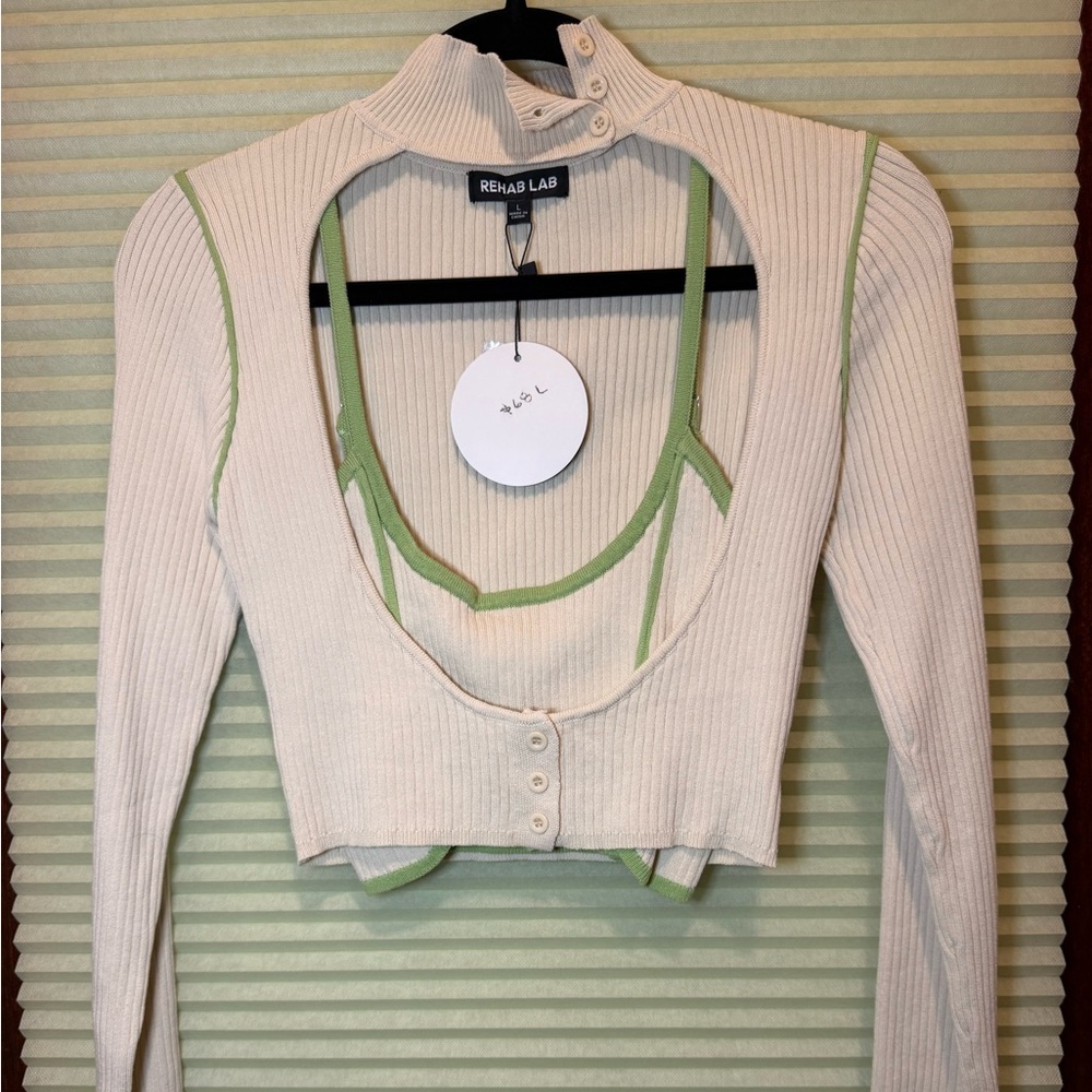Rehab Cream and Green Ribbed Crop Top